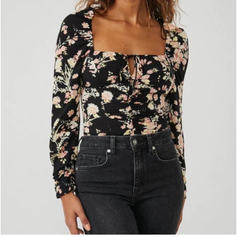Free People Hilary Black Combo Floral Printed Long Sleeve Top Boho